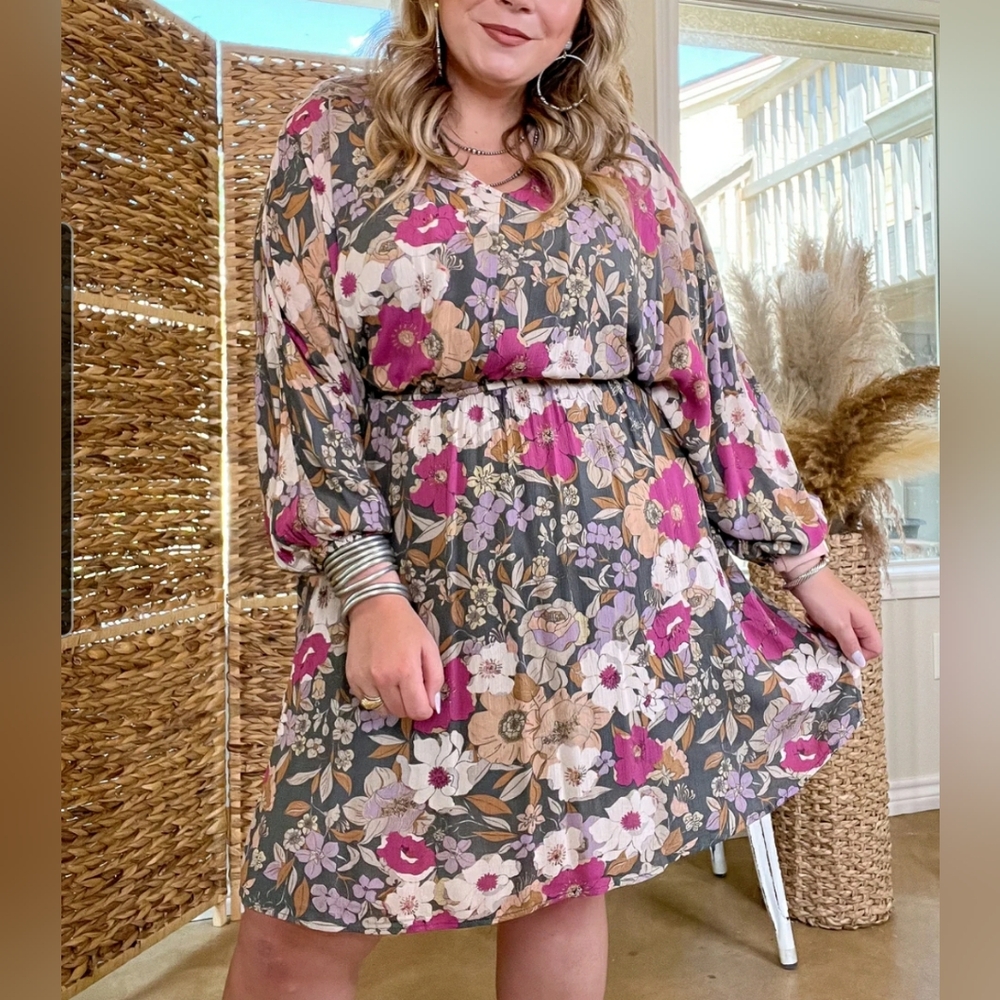 Emily Wonder (NWOT) Grey/Pink Floral Long Sleeve Dress Size 1X - Picture 1 of 9
